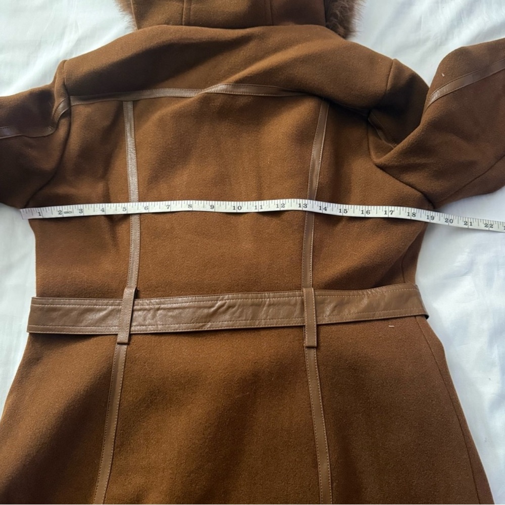 Brown faux fur belted hooded pea coat with faux leather trims - Picture 8 of 10